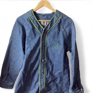 Cross Colours Denim Baseball Shirt USA Made Button Up Green Trim Vintage Unisex